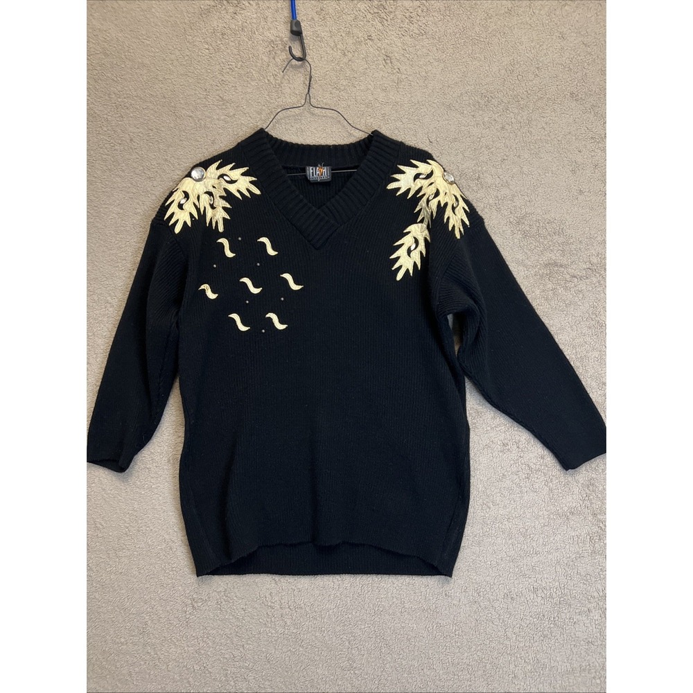 Vintage 80s Black Sweater With Gold Flame Details M/L Women's